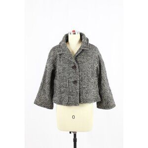 NWT KOOKAI Black Grey Wool Herringbone Tweed Cropped Mod Box Jacket, Size 38/M